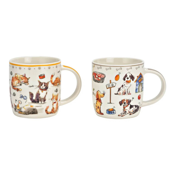 Set tazze porcellana decoro gatto e cane dipinto multicolore 2 pezzi