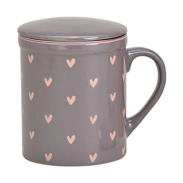 Teebecher Herz-Dekor Keramik Grau mit Metallsieb 340 ml