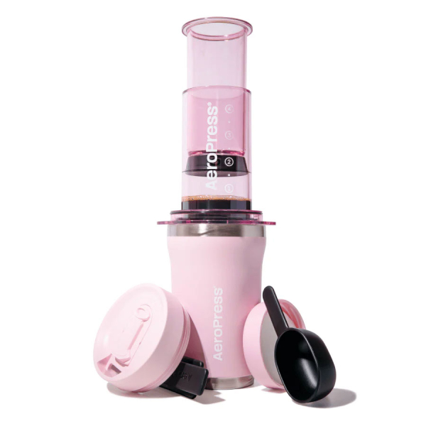 AeroPress Go Plus Travel System Pink with stainless steel tumbler and Tritan brewer fully assembled