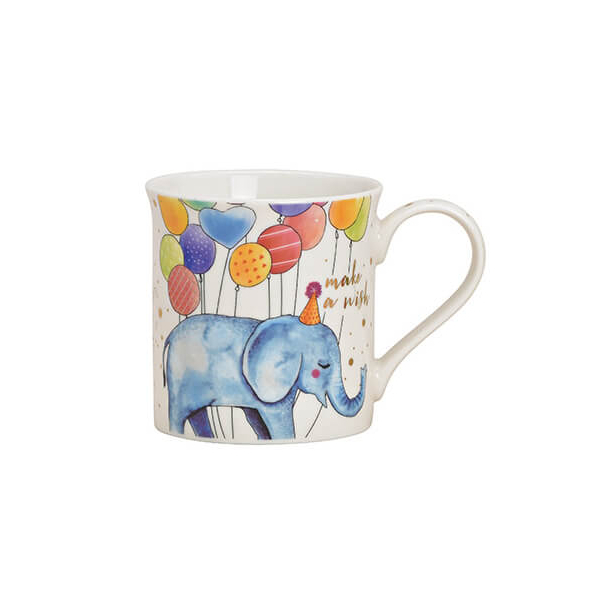 Tasse en porcelaine avec éléphant joyeux et ballons, 300ml - un charmant cadeau d'anniversaire.

