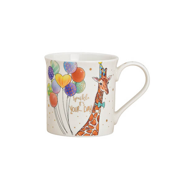 Tasse d'anniversaire girafe en porcelaine, 300ml – décorée de ballons colorés, parfaite comme cadeau pour les anniversaires ou occasions spéciales.

