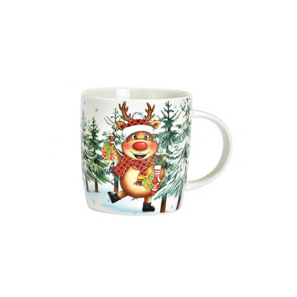 Tasse de Noël en porcelaine avec motif de cerf festif, 340ml, idéale pour les boissons chaudes hivernales.

