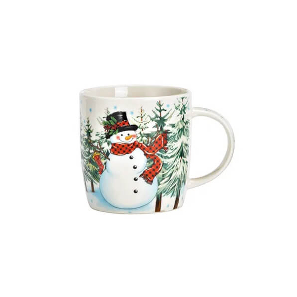 Tasse en porcelaine avec Bonhomme de Neige et motif hivernal, idéale pour 340ml de vin chaud, égaye vos fêtes.


