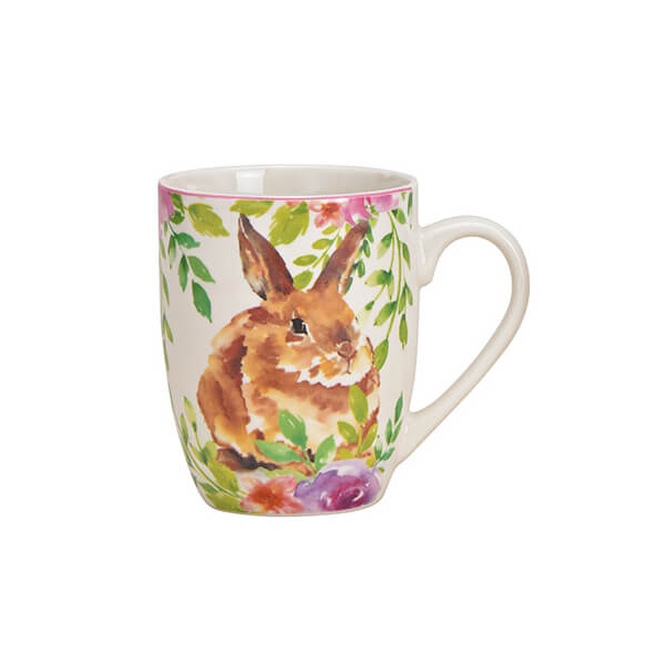 Tasse en porcelaine avec un lapin vif et des motifs floraux, 350ml – idéale pour les amateurs de nature et de printemps.

