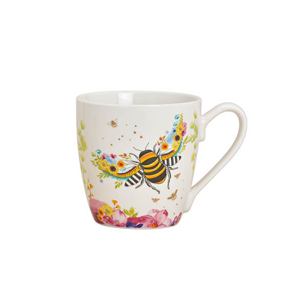 Tasse en porcelaine blanche avec un décor vibrant d'abeilles et de fleurs, 400ml – conçue de manière unique pour les amateurs de nature.

