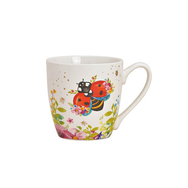 Tasse colorée à coccinelles en porcelaine, 400ml, idéale pour le café ou le thé, ornée de motifs de coccinelles vivants.

