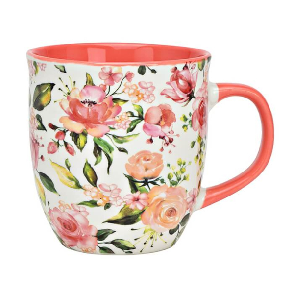 Grande tasse en porcelaine avec un motif floral de roses frappant et une capacité de 410ml – idéale pour les amateurs de café.

