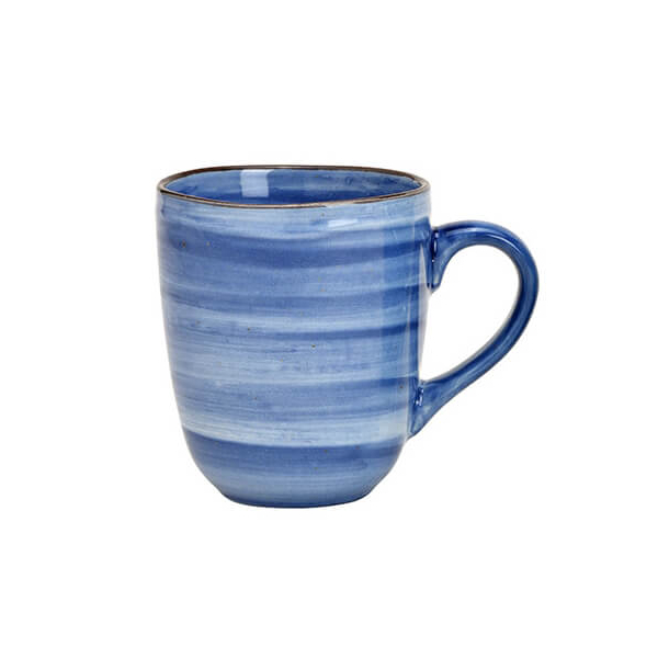 Mug en grès bleu à rayures avec une capacité de 370ml, idéal pour le café ou le thé.



