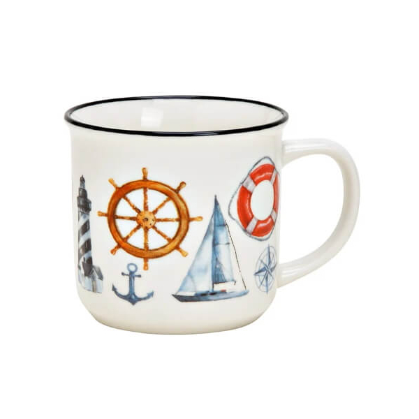 Tasse en porcelaine blanche avec des motifs maritimes comme l'ancre, le voilier et la rame, 330ml, idéale pour les amateurs de la mer.


