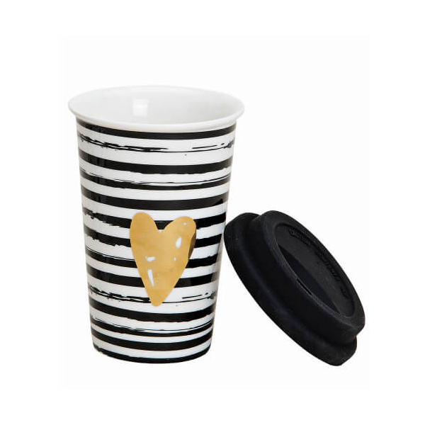 Becher to go - Herz Motiv - gestreift - aus Porzellan - 300ml
