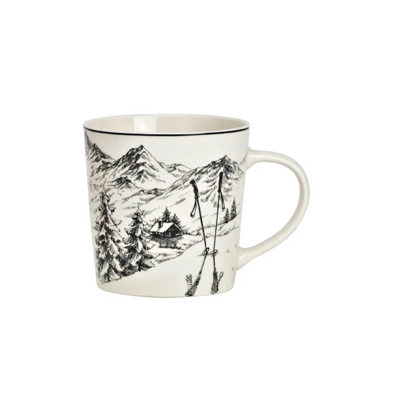 Porcelain mug Berghütte with winter landscape pattern in black and white with mountain cabin ski poles pine trees and alpine panorama in ink drawing style