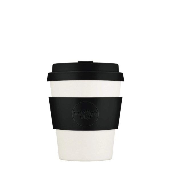 Black Nature : Le gobelet réutilisable pour espresso élégant en Blanc-Noir, 180ml – parfait pour les déplacements, résistant au lave-vaisselle, sans BPA, fabriqué à partir de PLA durable.