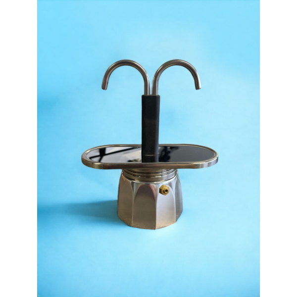 Cafetière à expresso - Machine à expresso en aluminium avec double bec verseur, adaptée aux plaques électriques, vitrocéramiques et à gaz, pour 2 tasses. Design Double Inox.



