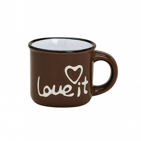 Petite tasse à espresso en céramique marron chocolat avec l’inscription blanche ‘love it’ et un motif cœur – tasse élégante pour café, espresso ou idée cadeau