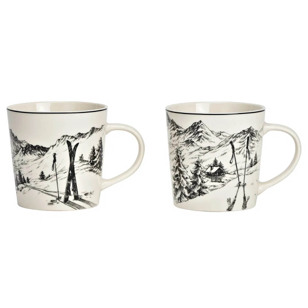 Porzellanbecher 2er-Set weiss mit schwarzen Ski- und Alpenmotiven 450 ml