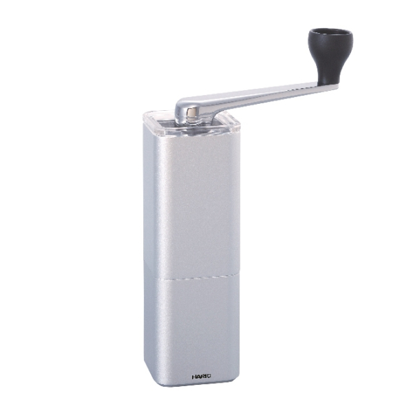 Moulin à café manuel Hario Prism argenté, pour un café fraîchement moulu.