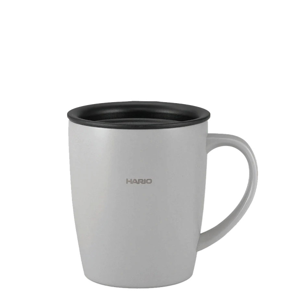 Hario heat retention mug with lid 300 ml grey front view with Hario logo