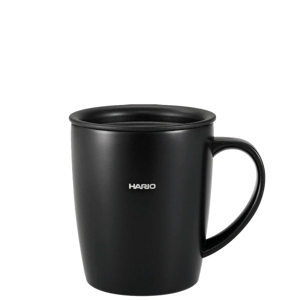 Hario heat retention mug with lid 300 ml black front view with Hario logo