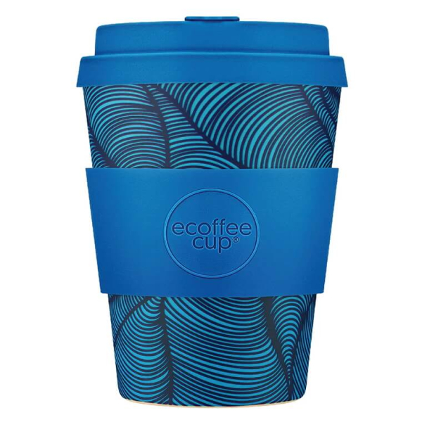 350ml Ecoffee Cup Dotonbori in Blau mit Wellenmuster, perfekt für unterwegs und umweltbewusste Kaffeeliebhaber, bei beanarella