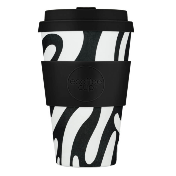 400ml Ecoffee 'Manassa's Run' Mehrwegbecher in Schwarz-Weiss, ideal für umweltbewusste Coffee-to-go Liebhaber.