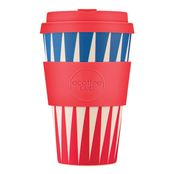 400ml Ecoffee Cup Dale Buggins in Rot, Blau und Weiß, farbenfroher und dynamischer Kaffeebecher, bei beanarella