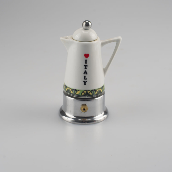 G.A.T. Espressokocher aus Aluminium für eine Tasse – weisser Porzellanaufsatz mit Love Italy-Schriftzug und dekorativem Jugendstil-Band
