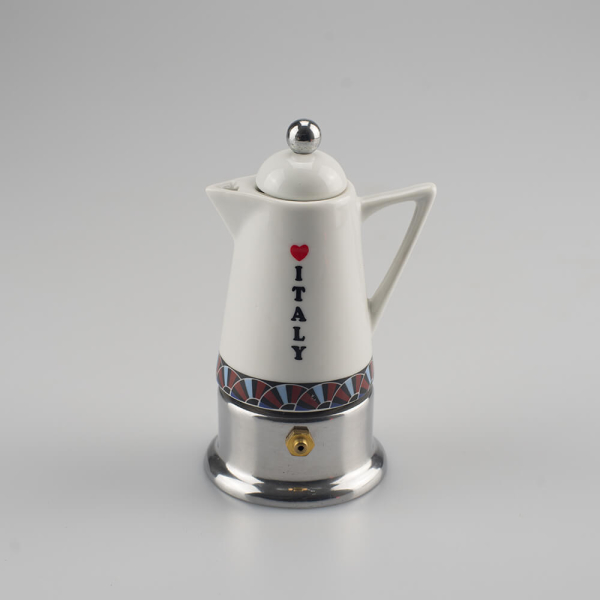 G.A.T. Espressokocher aus Aluminium für eine Tasse – weisser Porzellanaufsatz mit Love Italy-Schriftzug und rot-blauem Art-Déco-Dekorband
