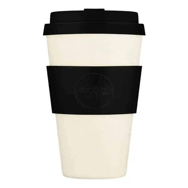 Ecoffee Cup Black Nature: Le gobelet élégant blanc-noir de 400ml - idéal pour les déplacements, lavable au lave-vaisselle et sans BPA, fabriqué en PLA écologique.