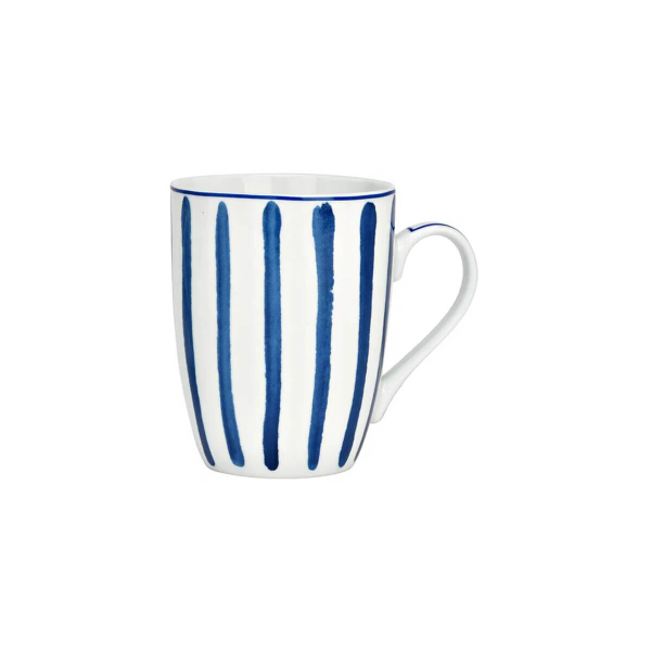 Porcelain mug blue with vertical stripe design on white porcelain