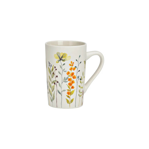 Tazza porcellana bianca con delicato decoro prato fiorito in giallo e arancio