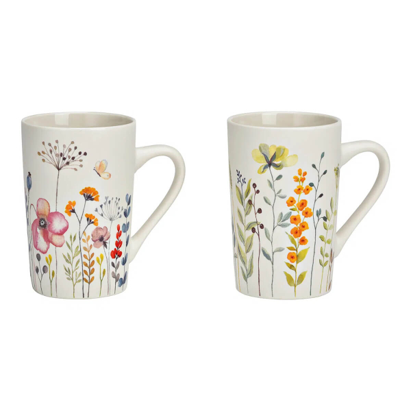 Set di 2 tazze in porcellana con decoro floreale motivo fiori selvatici e prato fiorito in bianco
