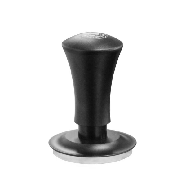 Vue rapprochée du tamper auto-nivelant Rhino, 58 mm, noir, sur fond blanc.


