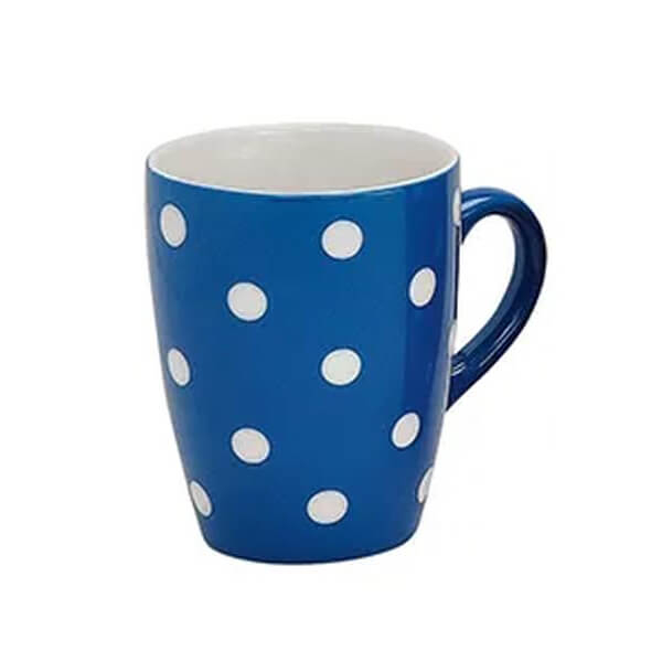 Tasse en céramique bleue avec des pois blancs joyeux, idéale pour 250ml de votre café ou thé préféré.