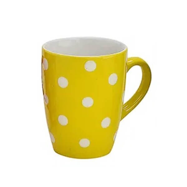 Tasse en céramique jaune avec des pois blancs, 250ml – parfaite pour un début de journée ensoleillé.