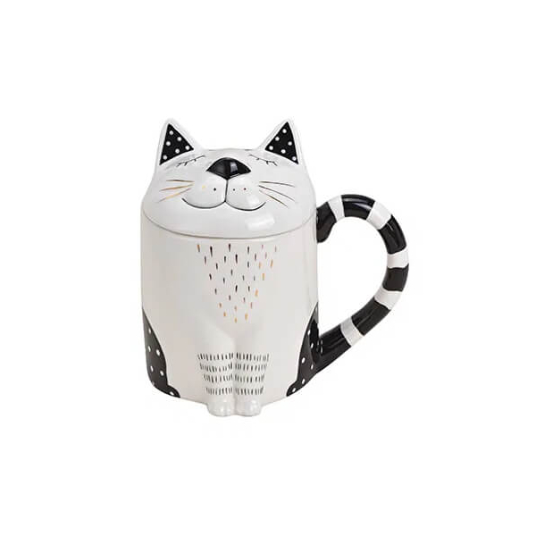 Tasse en céramique 'Chat' avec couvercle, 300ml, garde les boissons chaudes, parfaite pour les amoureux des chats.


