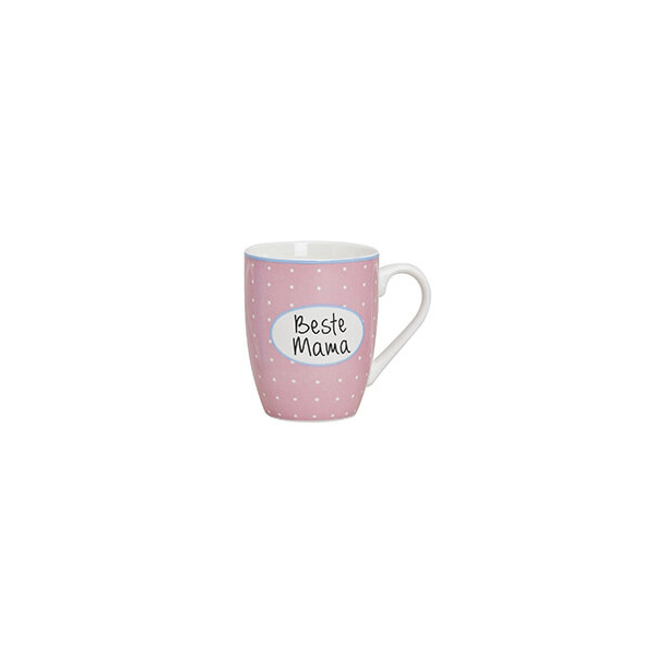 Tasse en porcelaine avec l'inscription 'Meilleure Maman', rose avec des points blancs, 300ml, parfaite comme cadeau pour toute occasion.
