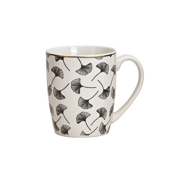 Tasse en porcelaine blanche avec motif de feuille de Ginkgo, 300ml, idéale pour le café ou le thé, allie élégance et fonctionnalité.


