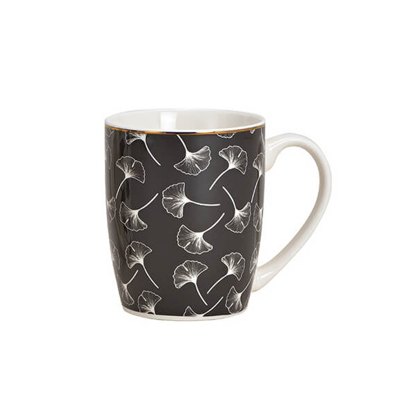 Tasse en porcelaine noire avec motif de feuille de Ginkgo élégant, capacité de 300ml, parfaite pour les amateurs de design raffiné.


