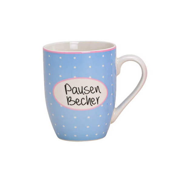 Mug de pause bleu en porcelaine avec des points blancs et l'inscription "Pausenbecher", 300ml – parfait pour vos pauses café quotidiennes.

