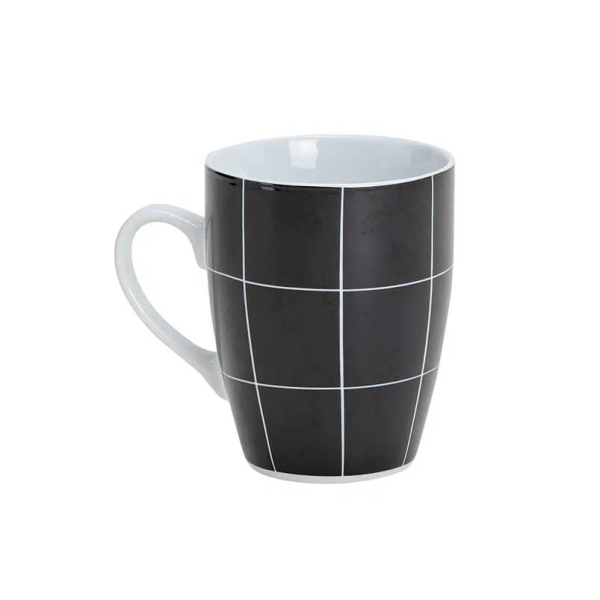 Tasse monochrome en porcelaine noir et blanc avec design à rayures, 300ml, alliant élégance et fonctionnalité.

