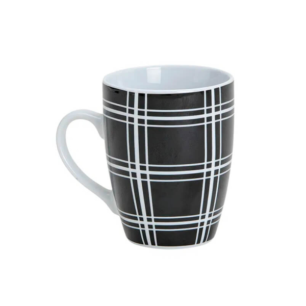 Tasse 'Urbaine Chic' en porcelaine noir et blanc avec rayures contrastées, 300ml, idéale pour les amateurs de design.
