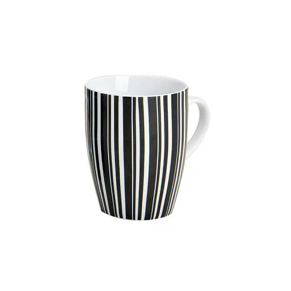Tasse en porcelaine noir et blanc avec motif à rayures, 300ml, idéale pour le café ou le thé.

