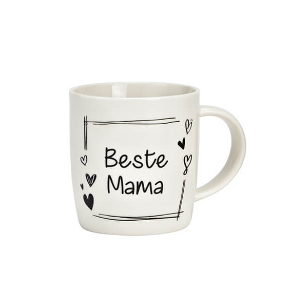 Mug en porcelaine blanc avec l'inscription "Meilleure Maman" et motifs de cœurs, 340ml, idéal comme cadeau affectueux.


