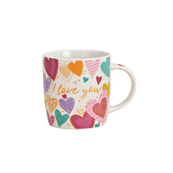 Tasse en porcelaine décorée de cœurs colorés et inscription "I love you", 340ml, idéale comme cadeau pour des occasions spéciales ou pour montrer l'amour.


