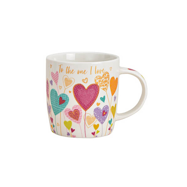 Tasse en porcelaine décorée de cœurs colorés et inscription „To the one I love“, 340ml, idéale comme cadeau romantique.


