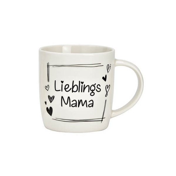 Tasse en porcelaine blanche avec l'inscription "Maman Préférée" et des motifs de cœurs, 340ml, parfaite comme cadeau.


