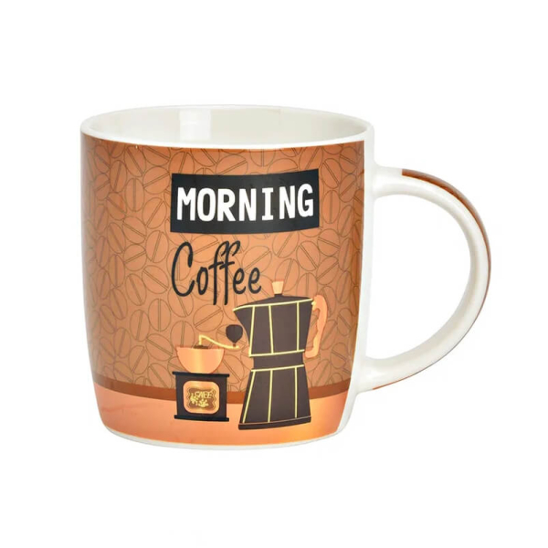 Tasse - Morning Coffee - en porcelaine avec une capacité de 350 ml. Design rétro brun avec un motif de grains de café, un moulin à café et une cafetière.


