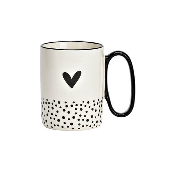 Tasse en porcelaine avec décoration de cœur en noir et blanc, 360ml - idéale pour un usage quotidien et comme cadeau spécial.


