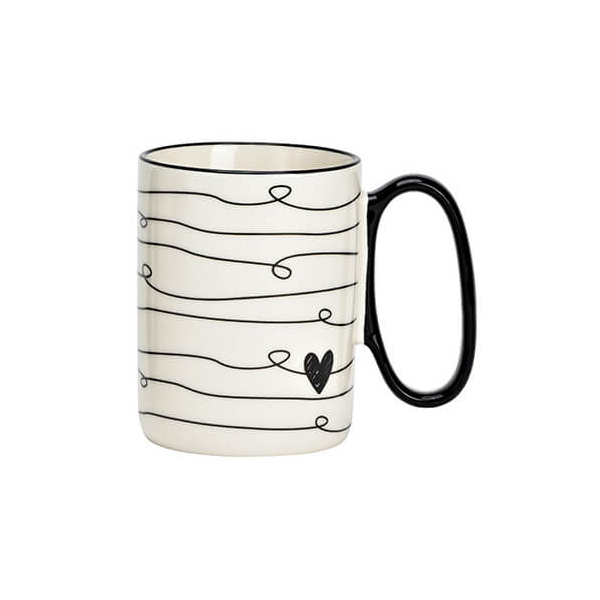 Tasse en porcelaine avec décor de cœur musical et anse noire, 360ml - parfaite pour les amateurs de musique et les romantiques.

