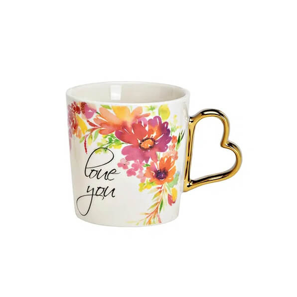 Tasse en porcelaine Love You avec décor floral et anse en forme de cœur, idéale pour cadeaux de Saint-Valentin, 400ml.


